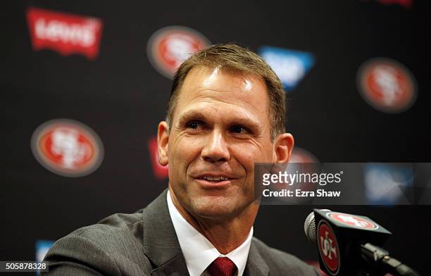 San Francisco 49ers general manager Trent Baalke speaks to the media during a press conference where Chip Kelly was announced as the new head coach...