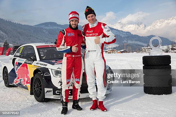 Andrea Dovizioso and Henrik Kristoffersen pose for a picture prior to final day of the Audi Quattro #SuperQ on January 20, 2016 in Kitzbuehel,...