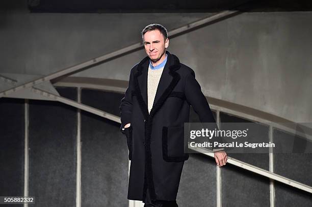 Designer Raf Simons walks the runway during the Raf Simons Menswear Fall/Winter 2016-2017 show as part of Paris Fashion Week on January 20, 2016 in...