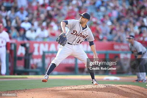 David Price of the Detroit Tigers pitches during the game against the Los Angeles Angels at Angel Stadium on Sunday, May 31, 2015 in Anaheim,...