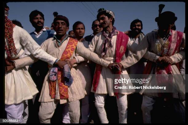 Hindu nationalist Bharatiya Janata members joining in folk dancing during BJP convention festivities in Jaipur, Rajasthan state, India.