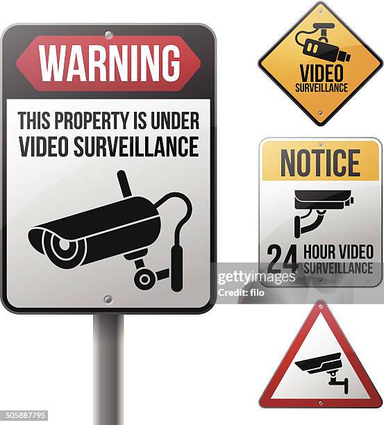 video-überwachung der beschilderung - surveillance camera stock-grafiken, -clipart, -cartoons und -symbole