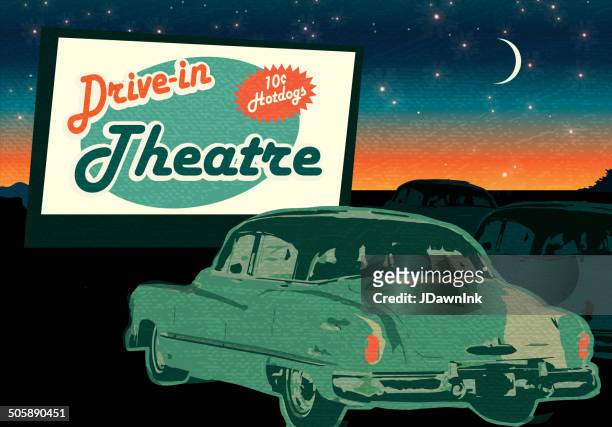ilustraciones, imágenes clip art, dibujos animados e iconos de stock de drive-in teatro clásico con coches y señal al atardecer - 50s car