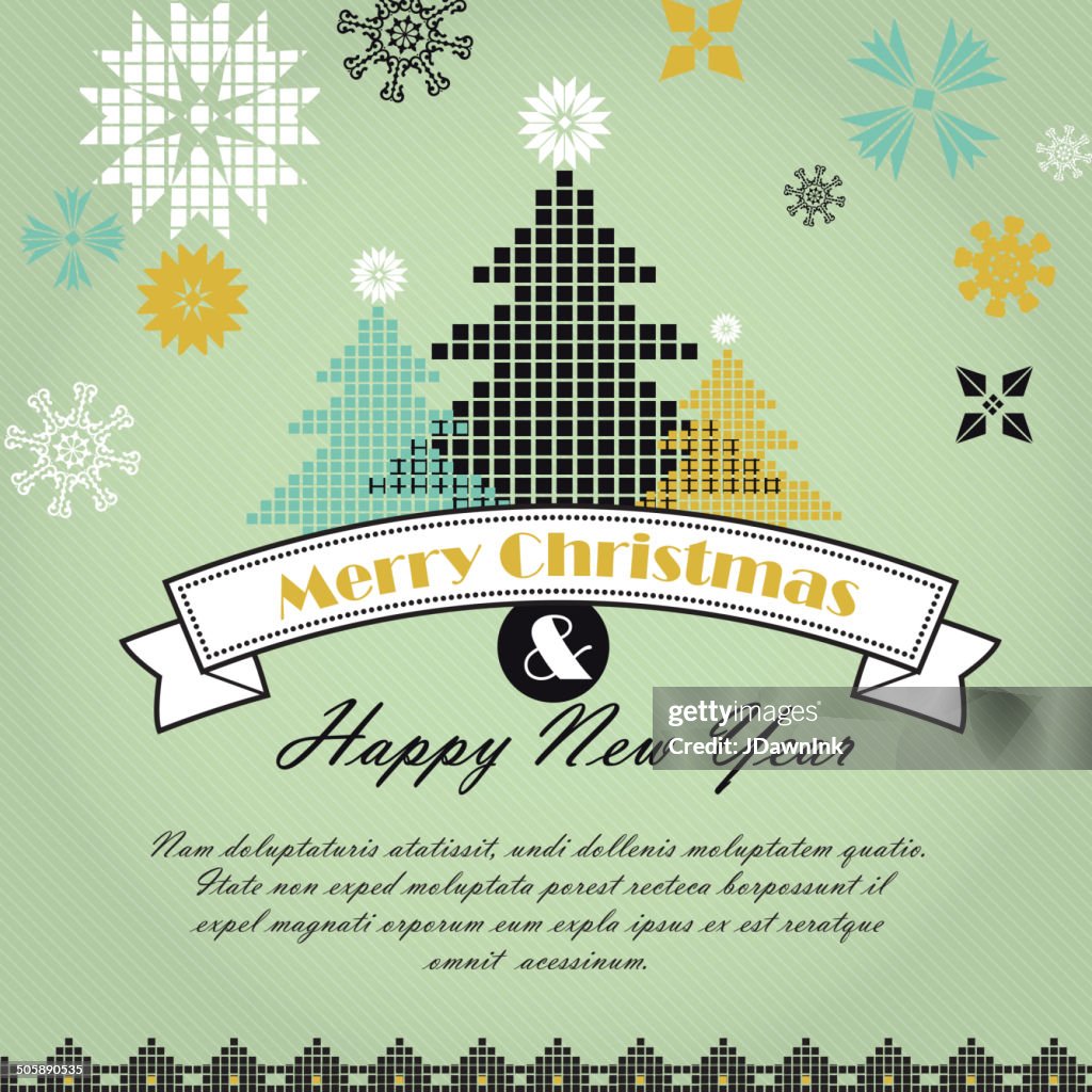 Mint green kitschy vintage Christmas greeting design with Christmas trees