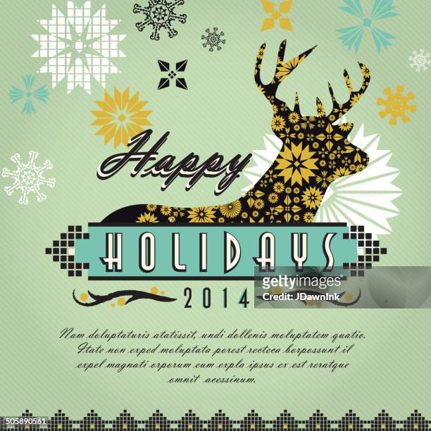 happy holidays kitschy vintage christmas greeting design with deer head - multiple image template stock illustrations