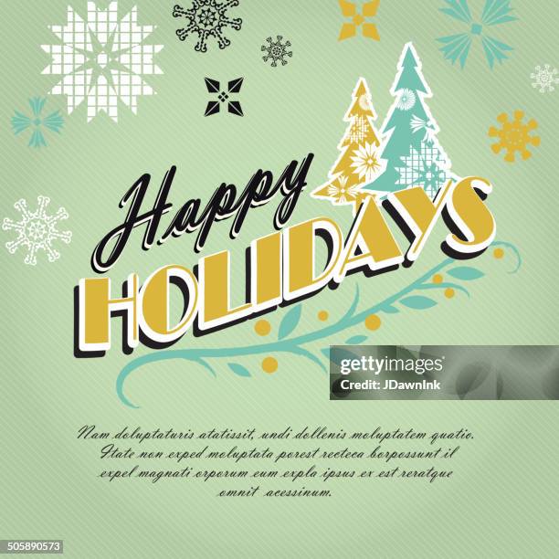 kitschy vintage happy holidays greeting design with trees - multiple image template stock illustrations