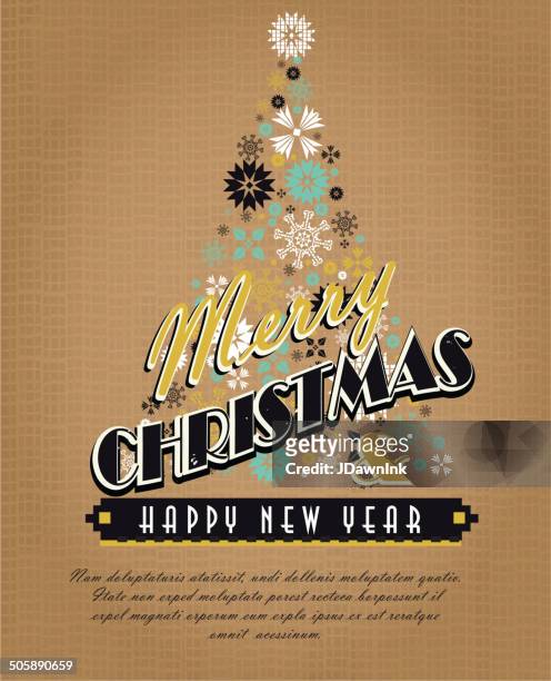 colorful burlap kitschy vintage christmas greeting design with holiday tree - multiple image template stock illustrations