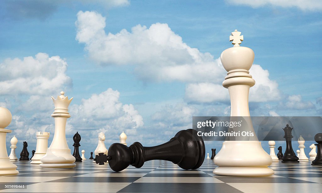 Chess board, black king lying beside white king