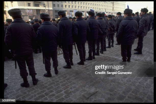 Interior Ministry police lining up, confronting sea of pro-democracy protestors.