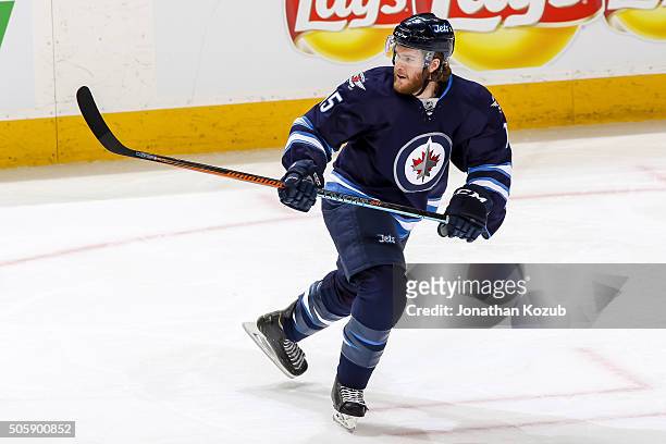 Matt Halischuk of the Winnipeg Jets keeps an eye on the play during third period action against the Nashville Predators at the MTS Centre on January...