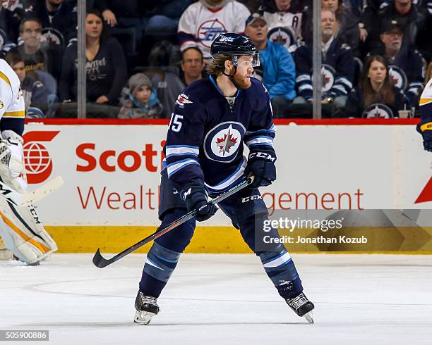 Matt Halischuk of the Winnipeg Jets follows the play down the ice during first period action against the Nashville Predators at the MTS Centre on...