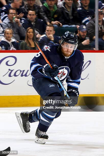 Matt Halischuk of the Winnipeg Jets follows the play up the ice during second period action against the Nashville Predators at the MTS Centre on...