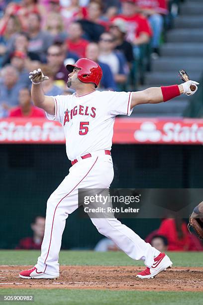 Albert Pujols of the Los Angeles Angels bats during the game against the Detroit Tigers at Angel Stadium on Sunday, May 31, 2015 in Anaheim,...