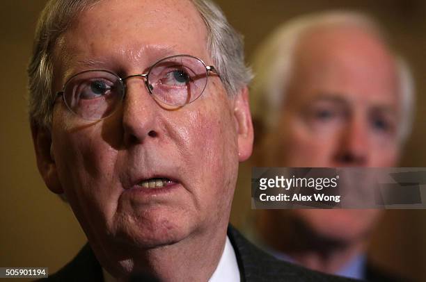 Senate Majority Leader Mitch McConnell and Senate Majority Whip John Cornyn speak to members of the media after the Republican weekly policy luncheon...