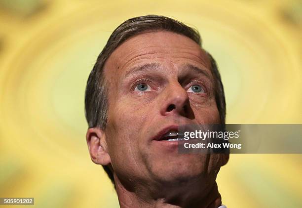 Sen. John Thune speaks to members of the media after the Republican weekly policy luncheon January 20, 2016 on Capitol Hill in Washington, DC. Senate...
