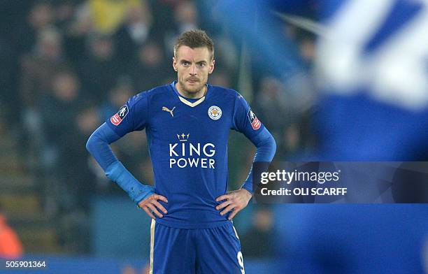 Leicester City's English striker Jamie Vardy gestures during the English FA Cup third round replay football match between Leicester City v Tottenham...