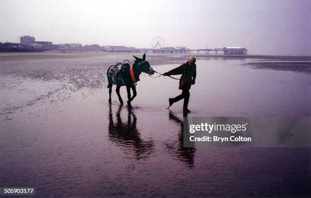 Young boy pulls his donkey down to the waters edge at the seaside resort of Blackpool, Lancashire, U.K., September 1990.