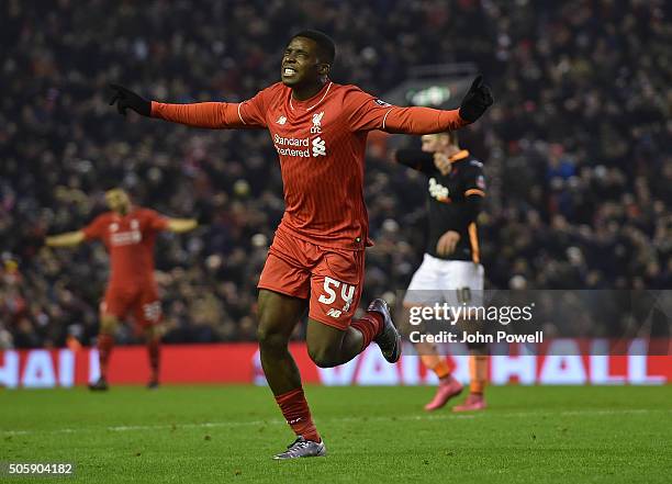 Sheyi Ojo of Liverpool celebrates his goal during The Emirates FA Cup Third Round Replay between Liverpool and Exeter City at Anfield on January 20,...