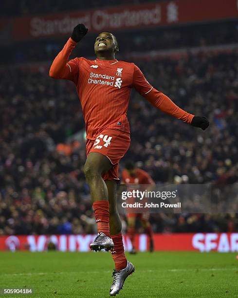 Sheyi Ojo of Liverpool celebrates his goal during The Emirates FA Cup Third Round Replay between Liverpool and Exeter City at Anfield on January 20,...