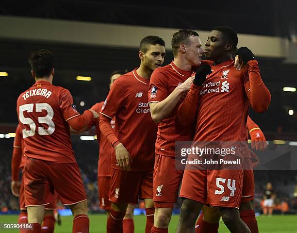 Sheyi Ojo of Liverpool is congratulated after his goal during The Emirates FA Cup Third Round Replay between Liverpool and Exeter City at Anfield on...