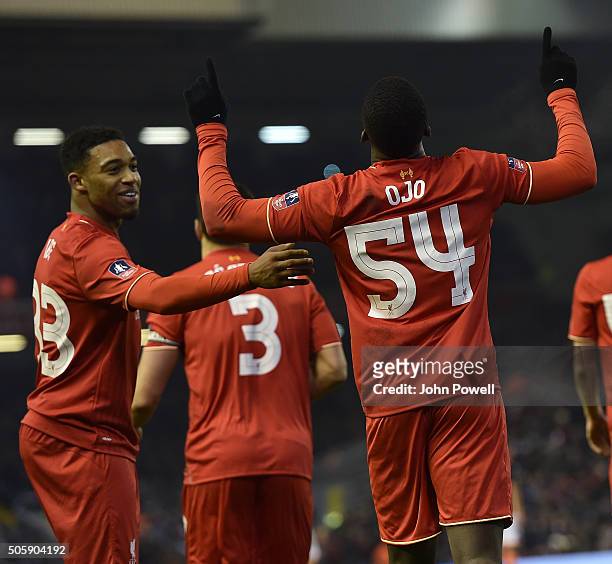 Sheyi Ojo of Liverpool celebrates his goal during The Emirates FA Cup Third Round Replay between Liverpool and Exeter City at Anfield on January 20,...