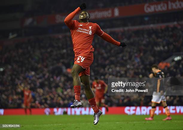 Sheyi Ojo of Liverpool celebrates his goal during The Emirates FA Cup Third Round Replay between Liverpool and Exeter City at Anfield on January 20,...