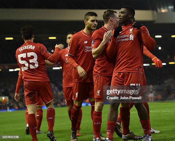 Sheyi Ojo of Liverpool is congratulated after his goal during The Emirates FA Cup Third Round Replay between Liverpool and Exeter City at Anfield on...