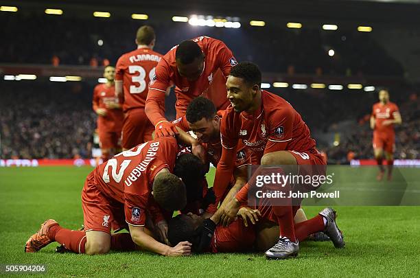 Sheyi Ojo of Liverpool is congratulated after his goal during The Emirates FA Cup Third Round Replay between Liverpool and Exeter City at Anfield on...