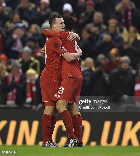 Joao Teixeira of Liverpool celebrates his goal with Brad Smith of Liverpool during The Emirates FA Cup Third Round Replay between Liverpool and...