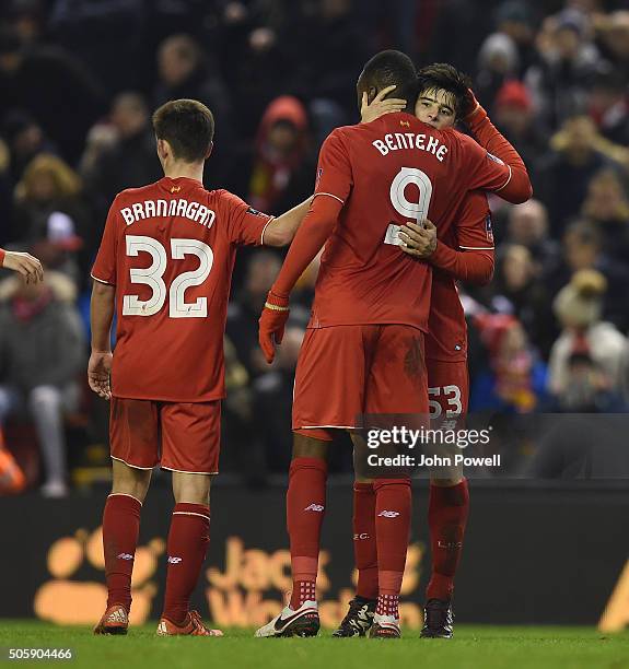 Joao Teixeira of Liverpool is congratulated after his goal during The Emirates FA Cup Third Round Replay between Liverpool and Exeter City at Anfield...