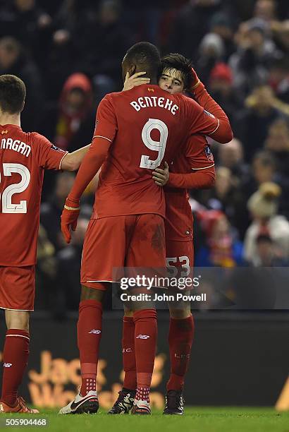 Joao Teixeira of Liverpool is congratulated after his goal during The Emirates FA Cup Third Round Replay between Liverpool and Exeter City at Anfield...