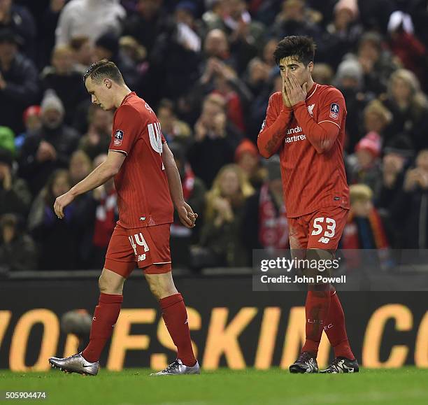 Joao Teixeira of Liverpool is congratulated after his goal during The Emirates FA Cup Third Round Replay between Liverpool and Exeter City at Anfield...