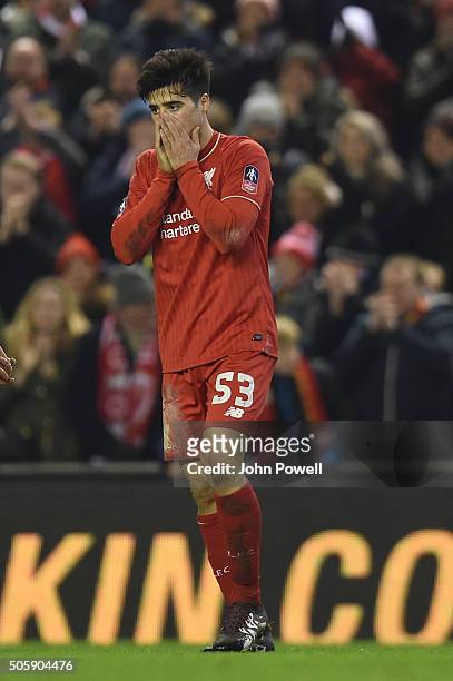 Joao Teixeira of Liverpool celebrates his goal during The Emirates FA Cup Third Round Replay between Liverpool and Exeter City at Anfield on January...
