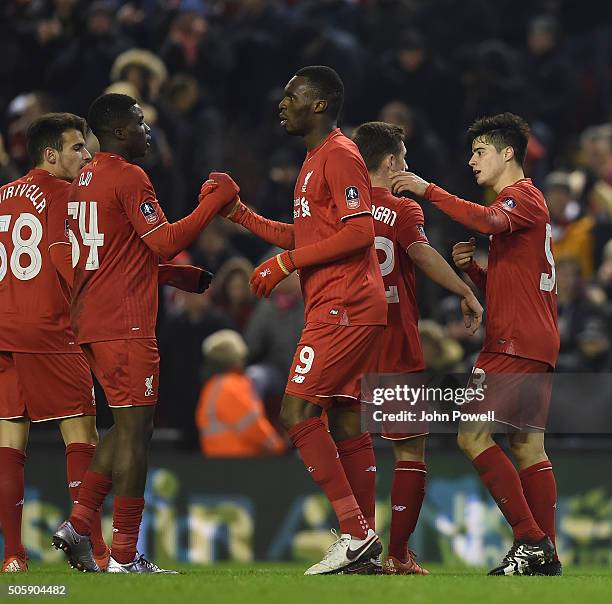 Joao Teixeira of Liverpool is congratulated after his goal during The Emirates FA Cup Third Round Replay between Liverpool and Exeter City at Anfield...