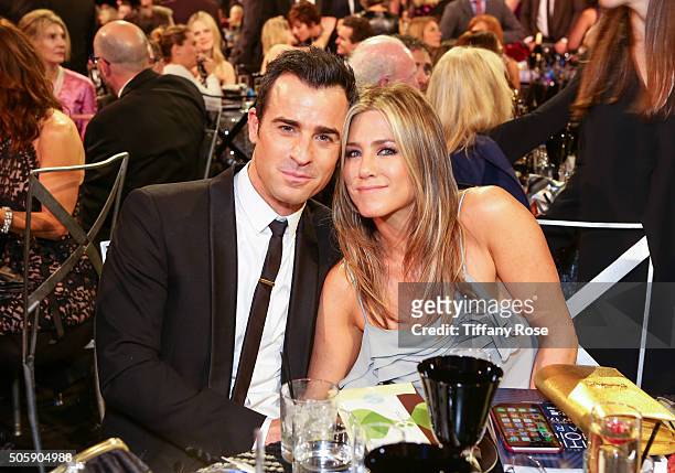 Actor Justin Theroux and actress Jennifer Aniston attend the 21st Annual Critics' Choice Awards at Barker Hangar on January 17, 2016 in Santa Monica,...