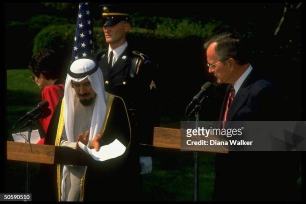 Pres. Bush & Kuwaiti Emir Jaber al-Ahmad Al Sabah speaking during WH S. Lawn departure ceremony, ending gulf crisis visit.