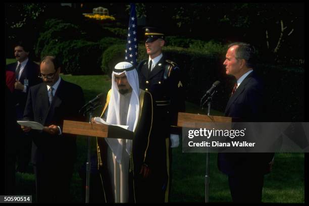 Pres. Bush , Kuwaiti Emir Jaber al-Ahmad Al Sabah & during WH S. Lawn departure ceremony, ending gulf crisis visit.