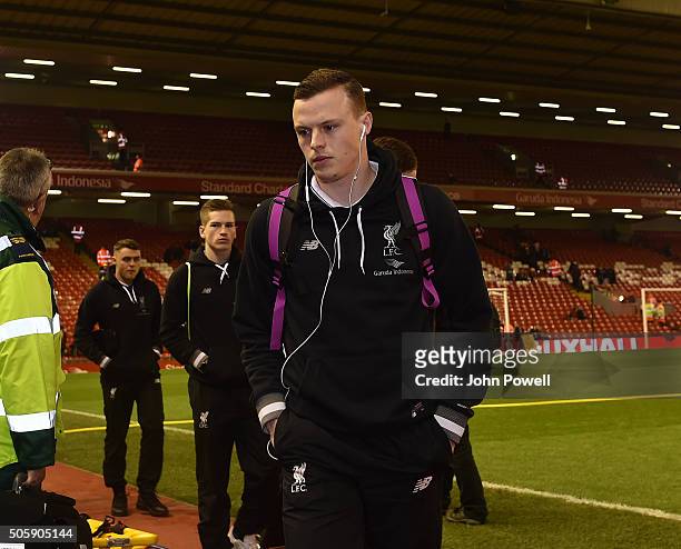 Brad Smith of Liverpool arrives before The Emirates FA Cup Third Round Replay between Liverpool and Exeter City at Anfield on January 20, 2016 in...