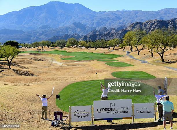 Steve Wheatcroft hits a tee shot on the 16th hole during preview for the CarerrBuilder Challenge In Partnersihip With The Clinton Foundation at the...