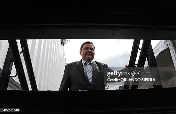 The president of the Honduran Supreme Court, Jorge Rivera, visits the mobile offices for hearings inaugurated near the national penitentiary in...