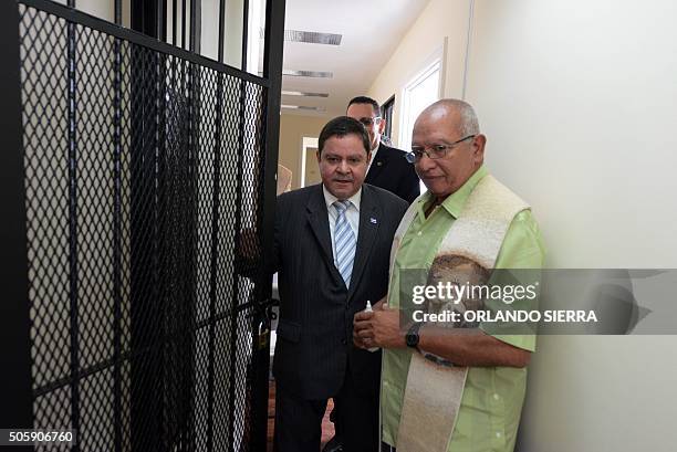 The president of the Honduran Supreme Court, Jorge Rivera , visits the mobile offices for hearings inaugurated near the national penitentiary in...