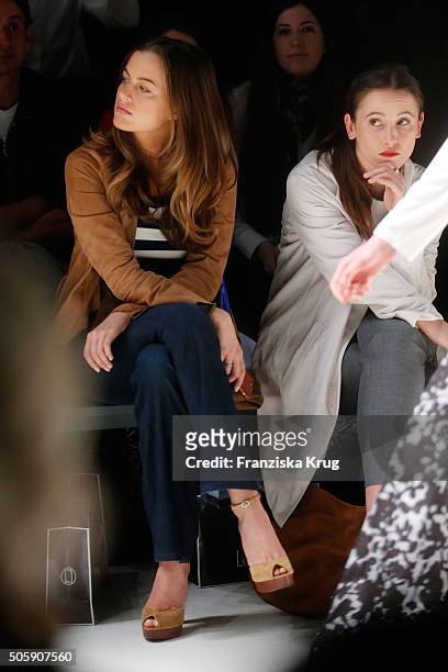 Cleo von Adelsheim and Peri Baumeister attend the Laurel show during the Mercedes-Benz Fashion Week Berlin Autumn/Winter 2016 at Brandenburg Gate on...
