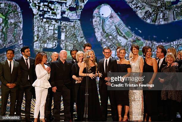 The cast and crew of 'EastEnders' winning the Serial Drama award at the 21st National Television Awards at The O2 Arena on January 20, 2016 in...