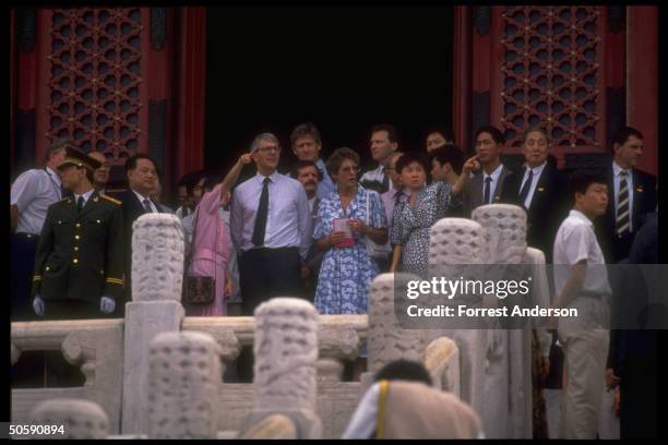 British PM John & Norma Major out sightseeing, touring Forbidden City, w. Entourage, visiting Beijing, China.