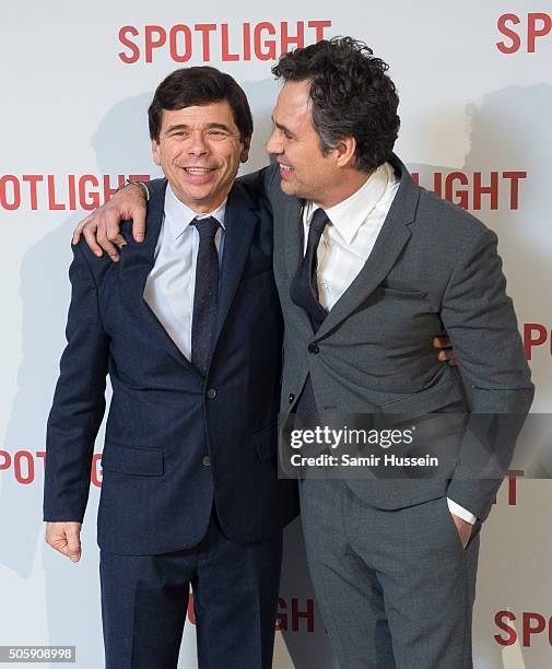 Michael Rezendes and Mark Ruffalo arrives for the UK Premiere of Spotlight at The Washington Mayfair on January 20, 2016 in London, England.