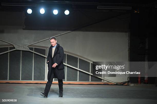 Raf Simons walks the runway during the Raf Simons Menswear Fall/Winter 2016-2017 show as part of Paris Fashion Week on January 20, 2016 in Paris,...