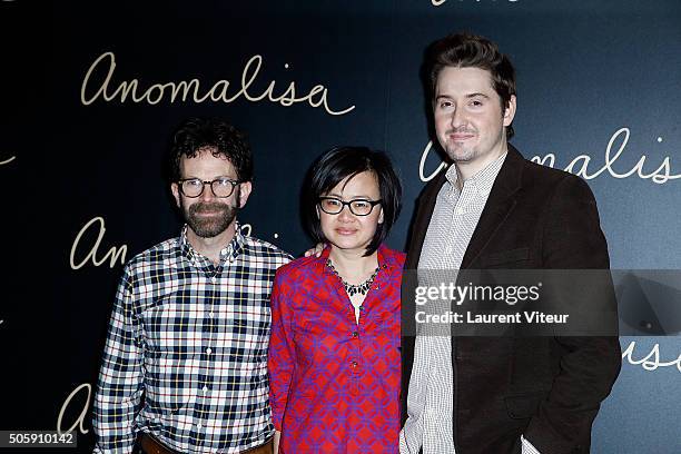 Director Charlie Kaufman, Producer Rosa Tran and Director Duke Johnson attend "Anomalisa" Paris Premiere at MK Bibliotheque on January 20, 2016 in...