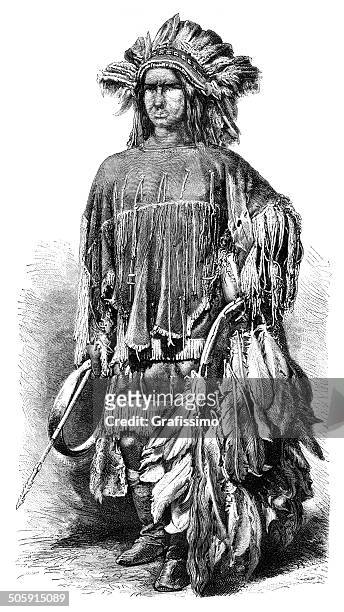 engraving of native american lipan apache from 1870 - indian costume 幅插畫檔、美工圖案、卡通及圖標
