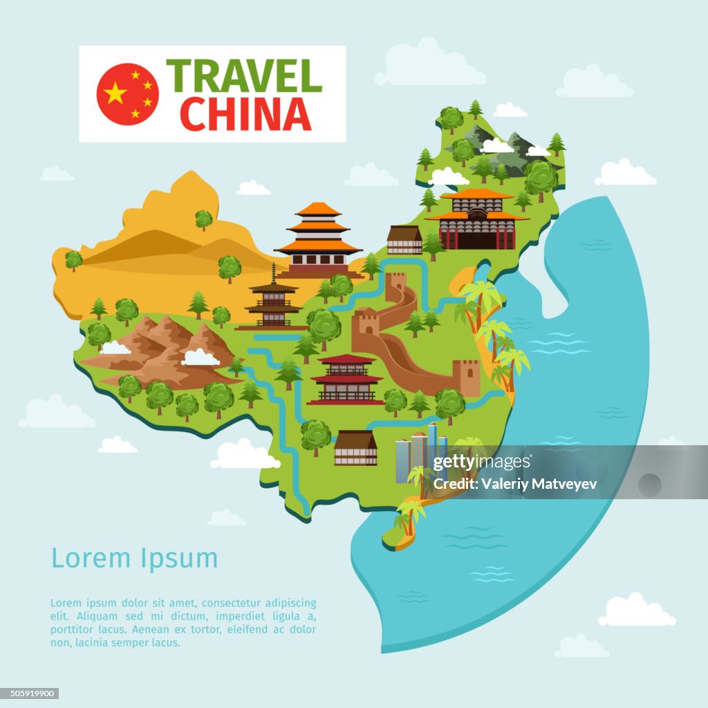 Chinese Custom Map China Travel Vector Map With Traditional Chinese Landmarks High-Res ...
