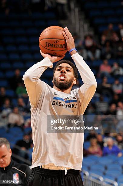 Keith Appling of the Orlando Magic warms up before the game against the Philadelphia 76ers on January 20, 2016 at Amway Center in Orlando, Florida....